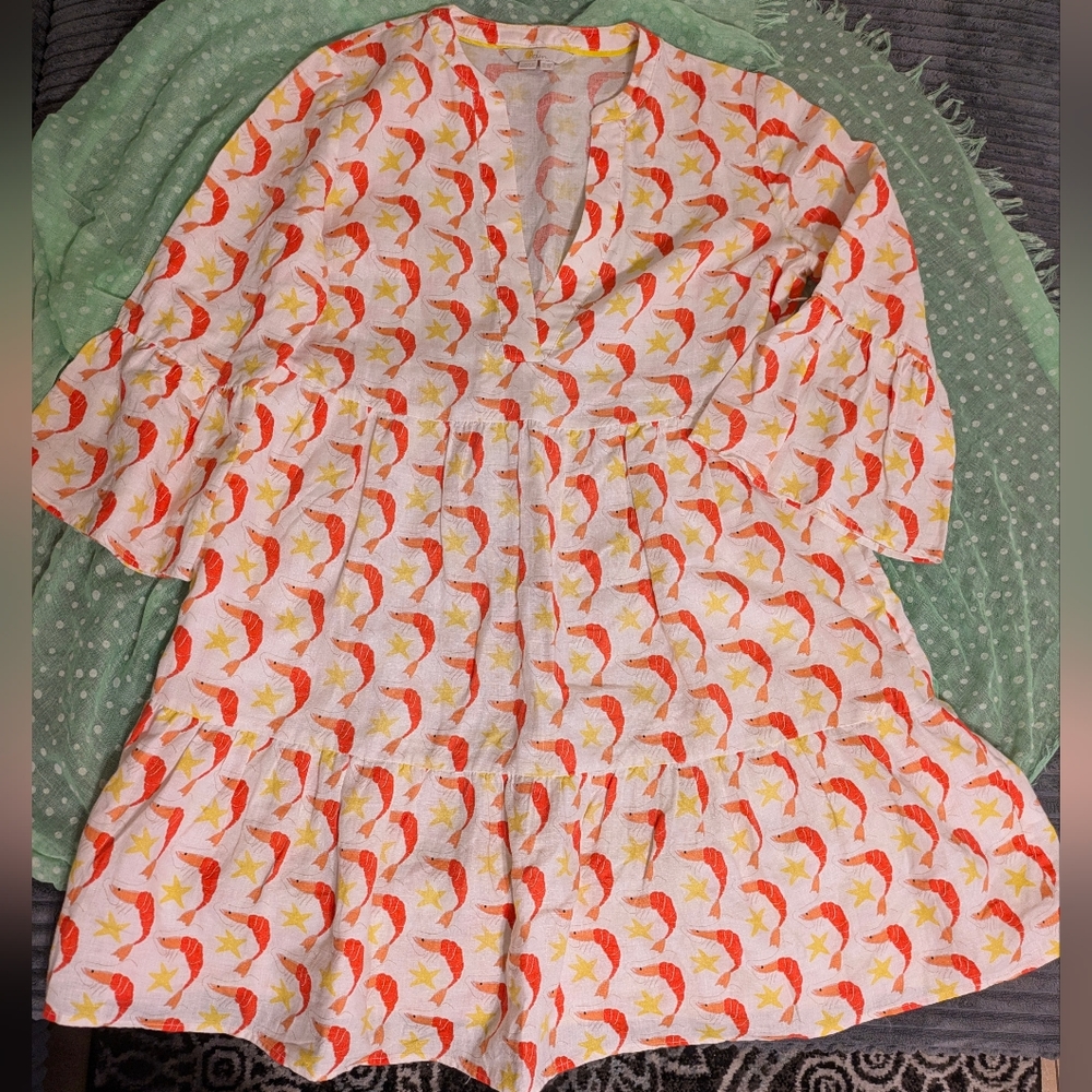 Boden 100% Linen  Shrimp Starfish Patterned Summer Dress/  BOHO Flowy Top